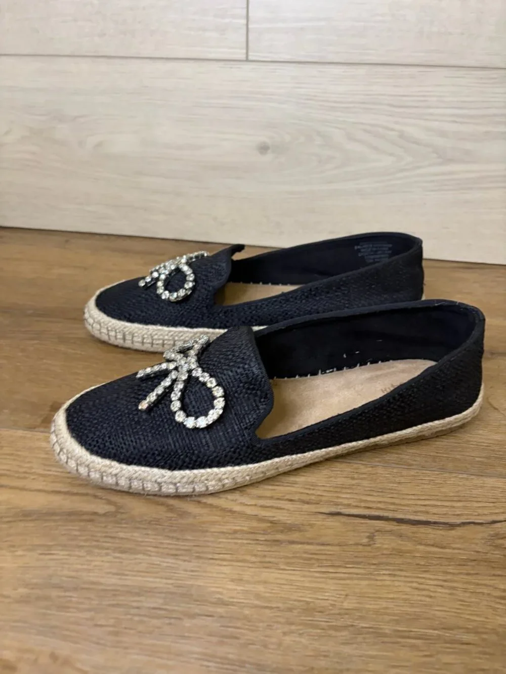 On 34th Jaylaaf Woven Rhinestone Bow Espadrille Loafers Flats Womens Black 10M‎
